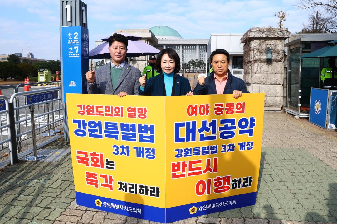 '강원특별법 3차 개정 조속통과 촉구를 위한 1인 시위' 게시글의 사진(7) '2025-11-26 강원특별법 3차 개정 조속통과 촉구를 위한 1인 시위 (7).jpg'