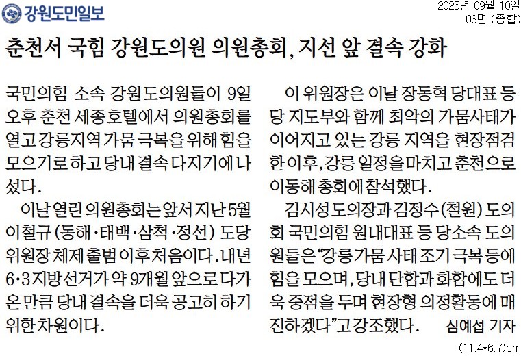 '국민의 힘 이철규 도당위원장 "내년 지방선거 전쟁터에서 승리 위해 뒷받침"' 게시글의 사진(2) '[강원도민일보] 춘천서 국힘 강원도의원 의원총회, 지선 앞 결속 강화_종합 03면_20250910.jpg'