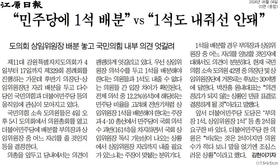 '오늘 국힘 도의원 총회 '원구성 야당몫' 논의' 게시글의 사진(2) '[강원일보] “민주당에 1석 배분” vs “1석도 내줘선 안돼”_종합 03면_20240604.jpg'
