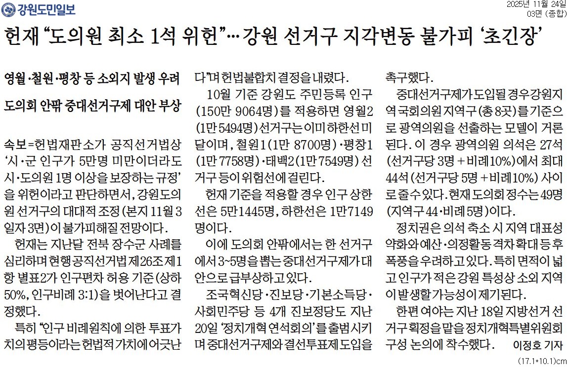 '강원도의회, 24일부터 국회서 강원특별법 3차 개정안 통과  "1인 시위"' 게시글의 사진(3) '[강원도민일보] 헌재 _도의원 최소 1석 위헌_ … 강원 선거구 지각변동 불가피 '초긴장'_종합 03면_20251124.jpg'