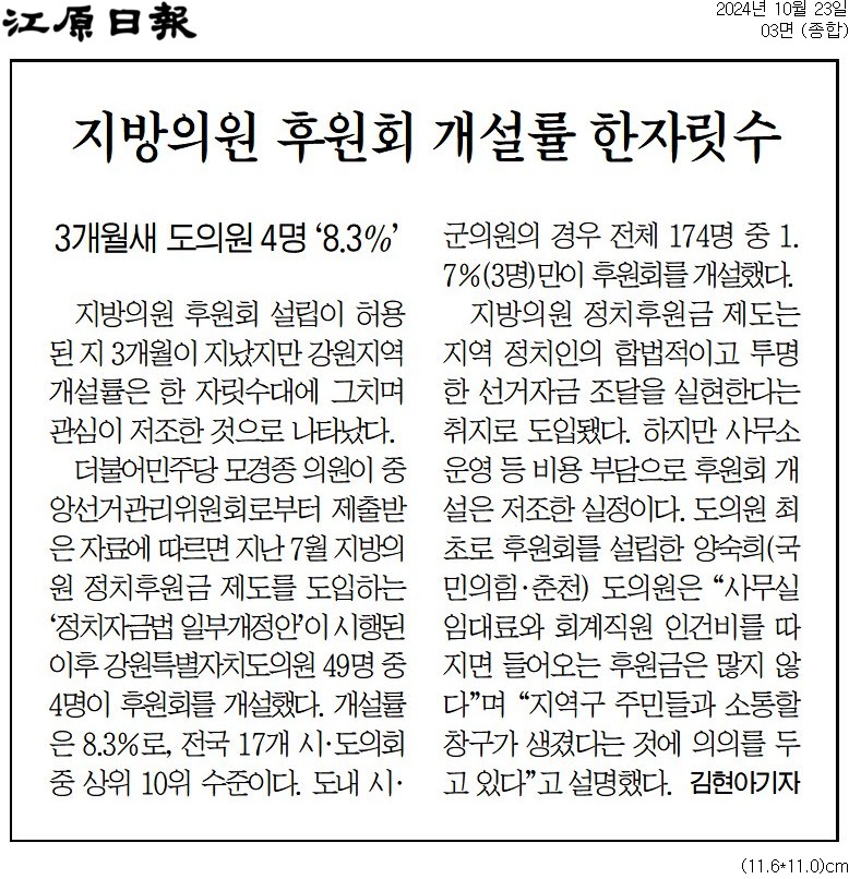 '지방의원 후원회 개설률 한자릿수' 게시글의 사진(1) '[강원일보] 지방의원 후원회 개설률 한자릿수_종합 03면_20241023.jpg'