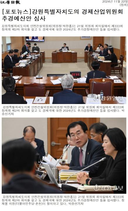 '강원특별자치도의 경제산업위원회 추경예산안 심사' 게시글의 사진(1) '[강원일보] [포토뉴스]강원특별자치도의 경제산업위원회 추경예산안 심사_정치 _20241122.jpg'
